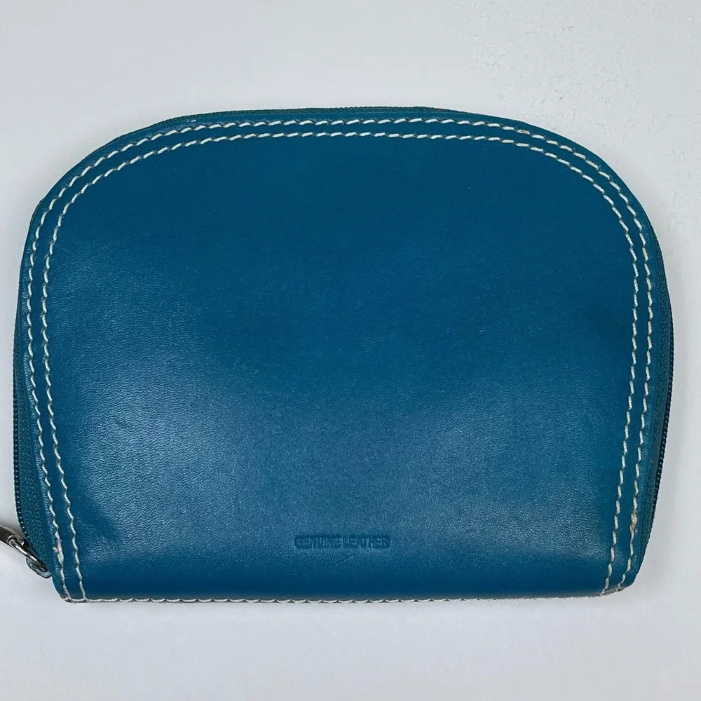 Fossil Jewelry Organizer Travel Case Teal Blue Leather Contrast Stitch Zip Pouch